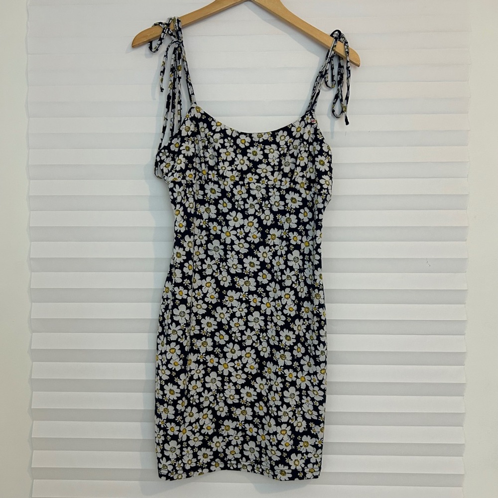 SHEIN Womens Navy Blue Daisy Floral Tie Shoulder Miniโ Bodycon Dress L Summer